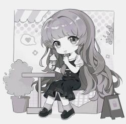 Rule 34 | 1girl, beizhi, chibi, cup, dress, food, greyscale, heart, highres, holding, holding cup, holding spoon, ice cream, long hair, monochrome, nanami (punishing: gray raven), puffy sleeves, punishing: gray raven, short sleeves, sidelocks, sitting, socks, solo, spoken heart, spoon, very long hair