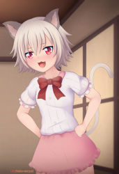 Rule 34 | 1girl, animal ears, blush, cat ears, cat tail, child, commission, death march kara hajimaru isekai kyousoukyoku, dress, eroneko senpai, fang, female focus, indoors, knees up, looking at viewer, open mouth, pink eyes, ribbon, skirt, smile, solo, tail, tama (death march), upper body