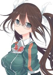 Rule 34 | 10s, absurdres, black eyes, bow, bowtie, breasts, brown hair, commentary request, glasses, hair ribbon, highres, kantai collection, light smile, long hair, looking at viewer, medium breasts, nao (qqqbb), ribbon, simple background, solo, tone (kancolle), tone kai ni (kancolle), twintails, white background