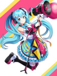 Rule 34 | 1girl, absurdres, black socks, blue eyes, blue hair, blush, bow, breasts, closed mouth, full body, hatsune miku, highres, holding, holding megaphone, huge filesize, kneehighs, long hair, magical mirai miku, magical mirai miku (2018), medium breasts, megaphone, pink bow, smile, socks, solo, twintails, very long hair, vocaloid, wnehdrl