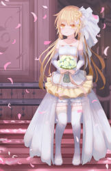 Rule 34 | 1girl, absurdres, alternate costume, blonde hair, bouquet, breasts, crescent, crescent hair ornament, crescent pin, dress, elbow gloves, flower, garter straps, gloves, hair ornament, highres, holding, holding bouquet, kantai collection, logiclr, long hair, low twintails, satsuki (kancolle), showgirl skirt, sleeveless, sleeveless dress, small breasts, solo, strapless, strapless dress, thighhighs, twintails, wedding dress, white dress, white gloves, white thighhighs, yellow eyes