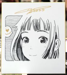 Rule 34 | 1girl, blunt bangs, border, closed mouth, dated, english text, greyscale, heart, high contrast, highres, looking at viewer, marker (medium), monochrome, murata range, original, photo (medium), portrait, shikishi, signature, smile, solo, speech bubble, spoken heart, spot color, thank you, traditional media