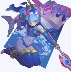Rule 34 | 1girl, android, blue eyes, blue footwear, blue sleeves, bodysuit, boots, closed mouth, crop top, dated, detached sleeves, helmet, high heels, holding, holding polearm, holding weapon, fairy leviathan (mega man), looking at viewer, mega man (series), mega man zero (series), poch4n, polearm, robot, robot girl, signature, smile, solo, weapon, white bodysuit