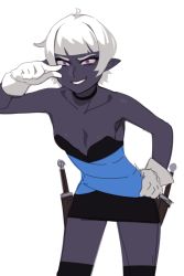 Rule 34 | 1girl, bare arms, bare shoulders, black choker, black thighhighs, blunt bangs, choker, collarbone, commentary, cowboy shot, dagger, dark elf, dark skin, dress, elf, english commentary, flat chest, gloves, hand on own hip, highres, knife, leaning forward, looking at viewer, original, pointy ears, purple eyes, sheath, simple background, sketch, smirk, solo, strapless, strapless dress, sunna (nilsunna), thighhighs, weapon, white background, white gloves, white hair