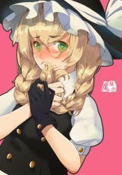 Rule 34 | 1girl, absurdres, alternate hairstyle, black gloves, blonde hair, blush, braid, clover, covering own mouth, embarrassed, fidgeting, full-face blush, gan ma, gloves, green eyes, hat, hat ribbon, highres, kirisame marisa, long hair, looking at viewer, pink background, playing with own hair, puffy short sleeves, puffy sleeves, ribbon, shirt, short sleeves, shy, simple background, single glove, solo, symbol-shaped pupils, touhou, twin braids, upper body, vest, wavy mouth, witch hat