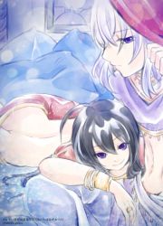 Rule 34 | 2boys, ahoge, androgynous, middle eastern architecture, arabian clothes, arabian nights, armlet, ass, black hair, brothers, butt crack, crossdressing, stomach, honebami toushirou, jewelry, lap pillow, long hair, looking at viewer, male focus, multiple boys, namazuo toushirou, navel, necklace, pillow, ponytail, purple eyes, ring, short hair, siblings, smile, touken ranbu, trap, white hair, yaoi