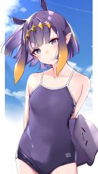 Rule 34 | 1girl, alternate hair length, alternate hairstyle, blue eyes, blue one-piece swimsuit, blush, breasts, cloud, cowboy shot, flat chest, highres, hololive, hololive english, looking at viewer, mole, mole under eye, ninomae ina&#039;nis, one-piece swimsuit, pointy ears, purple hair, school swimsuit, short hair, sky, small breasts, solo, swimsuit, takodachi (ninomae ina&#039;nis), tentacle hair, virtual youtuber, yuyaiyaui