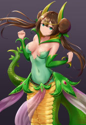 Rule 34 | 1girl, alternate costume, black background, brown hair, commentary request, cosplay, creatures (company), double bun, game freak, gen 5 pokemon, green eyes, grey background, hair between eyes, hair bun, highres, jojobirdz, lamia, looking at viewer, monster girl, nintendo, pokemon, pokemon (creature), pokemon bw2, rosa (pokemon), serperior, simple background, smile, tagme, tiara, twintails