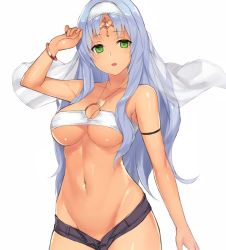 Rule 34 | 1girl, arm at side, arm up, armlet, blue hair, bracelet, breasts, circle, cleavage, green eyes, groin, halterneck, highres, jewelry, large breasts, long hair, looking at viewer, micro shorts, midriff, nakamura nagare, navel, o-ring, o-ring top, open pants, pants, phantasy star, phantasy star online 2, shiny skin, shorts, sidelocks, simple background, solo, strapless, tube top, underboob, veil, white background