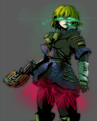 Rule 34 | 1girl, arm warmers, black dress, black gloves, black pantyhose, black skirt, blonde hair, blood, blood on clothes, bow (weapon), breasts, brown shirt, commentary request, cowboy shot, crossbow, dead space, dress, gloves, glowing, glowing eyes, green eyes, grey background, gun, hair between eyes, laser, looking at viewer, medium bangs, mizuhashi parsee, open mouth, pantyhose, plasma cutter, pointy ears, shirt, short hair, short sleeves, skirt, small breasts, solo, standing, touhou, weapon, yaruku