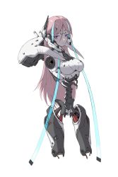 Rule 34 | 1girl, amputee, android, breasts, cable, ctpt9r, hair between eyes, headgear, highres, joints, light smile, long hair, looking at viewer, mechanical parts, medium breasts, original, pink hair, purple eyes, robot joints, science fiction, solo, spine, white background