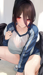 Rule 34 | 1girl, absurdres, black hair, blue archive, blue jacket, blush, bra visible through clothes, breasts, closed mouth, collarbone, commentary, english commentary, hair between eyes, hasumi (blue archive), hasumi (track) (blue archive), highres, jacket, large breasts, long hair, long sleeves, looking at viewer, low wings, mole, mole under eye, red eyes, shirt, smile, solo, sweat, thighs, u ronnta, white shirt, wings