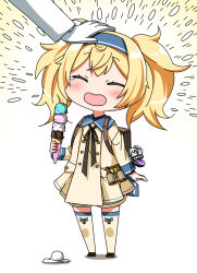Rule 34 | 1boy, 1girl, :d, ^ ^, admiral (kancolle), aged down, amagasa ikuta, backpack, bag, bag charm, black ribbon, blonde hair, blue headband, blue sailor collar, brown footwear, charm (object), closed eyes, dress, food, gambier bay (kancolle), gloves, headband, headpat, holding, holding food, ice cream, ice cream cone, kantai collection, long sleeves, neck ribbon, open mouth, out of frame, pleated dress, ribbon, sailor collar, smile, solo focus, spill, standing, tears, thighhighs, twintails, white background, white dress, white gloves, white thighhighs