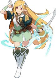 Rule 34 | 1girl, aqua jacket, arm up, arrow (projectile), artist request, aura, belt, blonde hair, blush, boots, bow (weapon), breasts, brown thighhighs, choker, closed mouth, cropped jacket, female focus, full body, green choker, green skirt, happy, high-waist skirt, highres, holding, holding arrow, holding bow (weapon), holding weapon, jacket, knee boots, light blush, long hair, looking at viewer, melsele (world flipper), miniskirt, non-web source, official art, open clothes, open jacket, outstretched arm, pointy ears, pouch, quiver, red eyes, shirt, short sleeves, sidelocks, simple background, skirt, sleeveless, sleeveless shirt, small breasts, smile, solo, standing, sweatband, thighhighs, tiara, transparent background, very long hair, weapon, white footwear, white headwear, white shirt, wide sleeves, world flipper, zettai ryouiki