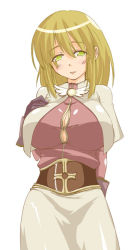 Rule 34 | 1girl, acolyte (ragnarok online), belt, blush, breasts, cleavage, cowboy shot, esa, gloves, green eyes, green hair, huge breasts, large breasts, long hair, looking at viewer, matching hair/eyes, ragnarok online, simple background, smile, solo, white background