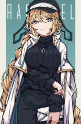 Rule 34 | 1girl, absurdres, bag, black sweater, blonde hair, blue eyes, braid, breasts, casual, character name, closed mouth, coat, goddess of victory: nikke, hat, highres, holding, holding bag, jewelry, kakuzatou (cubesugar03196), large breasts, long hair, looking at viewer, necklace, off-shoulder coat, off shoulder, rapunzel (nikke), ribbed sweater, smile, solo, sweater, very long hair, white coat