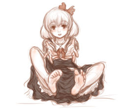 Rule 34 | 1girl, barefoot, blush, dress, feet, female focus, full body, hair ribbon, kuro suto sukii, legs, looking at viewer, open mouth, outstretched arms, ribbon, rumia, short hair, simple background, sitting, smile, soles, solo, toe scrunch, toenails, toes, touhou, white background