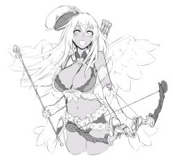 Rule 34 | 1girl, angel, angel wings, arrow (projectile), belt, beret, between breasts, blush, bow, bow (weapon), breasts, cleavage, cupid, cupid (monster girl encyclopedia), gloves, greyscale, hat, heart, heart-shaped pupils, highres, holding, large breasts, looking at viewer, midriff, monochrome, monster girl, monster girl encyclopedia, navel, symbol-shaped pupils, weapon, wings
