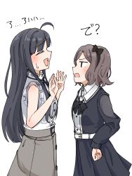 Rule 34 | 225 peke, 2girls, awa subaru, black bow, black bowtie, black dress, black hair, blush, bow, bowtie, brown hair, closed eyes, commentary request, cowboy shot, dress, ebizuka tomo, girls band cry, grey skirt, hands on own hips, highres, long hair, long sleeves, looking at another, medium hair, multiple girls, open mouth, shirt, simple background, skirt, sleeveless, sleeveless shirt, sweatdrop, translation request, white background, white shirt