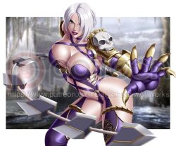 Rule 34 | 1girl, breasts, chain, isabella valentine, large breasts, namco, short hair, solo, soul calibur, sword, weapon, whip