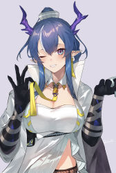Rule 34 | 1girl, ;d, absurdres, arknights, black gloves, blue eyes, blue hair, blush, breasts, cleavage, collarbone, cup, detached collar, dragon horns, earrings, elbow gloves, gloves, grey background, hati105, highres, holding, holding cup, horns, jewelry, large breasts, ling (arknights), long hair, long sleeves, looking at viewer, multicolored hair, necktie, one eye closed, open mouth, parted lips, pointy ears, sidelocks, signature, simple background, smile, solo, streaked hair, twitter username, two-tone hair, underbust, upper body, white hair, wide sleeves, yellow necktie