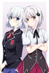 Rule 34 | 2girls, absurdres, black jacket, blazer, blue eyes, blue skirt, breasts, cat hair ornament, collared shirt, color connection, commentary, commission, crossed arms, crossover, date a live, dress shirt, english commentary, female focus, gradient background, grey hair, hair between eyes, hair ornament, high school dxd, highres, jacket, kuoh academy school uniform, lindaroze, multiple girls, neck ribbon, paid reward available, puffy short sleeves, puffy sleeves, red ribbon, red skirt, ribbon, school uniform, shirt, short sleeves, sidelocks, skirt, small breasts, tobiichi origami, toujou koneko, trait connection, twitter username, watermark, web address, white shirt, yellow eyes