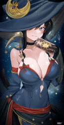Rule 34 | 1girl, absurdres, astrologian (final fantasy), bare shoulders, blue dress, breasts, card, cat tail, cleavage, covered navel, crescent, detached sleeves, dress, final fantasy, final fantasy xiv, hat, hat ornament, highres, holding, holding card, large breasts, large hat, looking at viewer, miqo&#039;te, one eye covered, purple eyes, shhilee, signature, sleeveless, sleeveless dress, smile, solo, star (symbol), starry background, tail, tarot, tarot (card), upper body, warrior of light (ff14), witch hat
