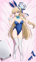 Rule 34 | 1girl, animal ears, bare shoulders, blonde hair, blue archive, blue bow, blue bowtie, blue eyes, blue leotard, bow, bowtie, braid, breasts, briefcase, cleavage, covered navel, dakimakura (medium), detached collar, double v, fake animal ears, full body, hair bow, halo, high heels, highres, leotard, long hair, looking at viewer, lying, medium breasts, multicolored hair, official alternate costume, on back, on bed, playboy bunny, rabbit ears, shoes, streaked hair, thighhighs, toki (blue archive), toki (bunny) (blue archive), umeshiba (eleventhdolls), unworn shoes, v, white thighhighs, wrist cuffs
