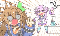 Rule 34 | 2girls, blender (object), blush, brown hair, cellphone, constricted pupils, if (neptunia), legs, long hair, multiple girls, neptune (neptunia), neptune (series), open mouth, panicking, phone, purple eyes, purple hair, scared, shaded face, short hair, side ponytail, smile, sweat, nervous sweating, thighs, wide-eyed