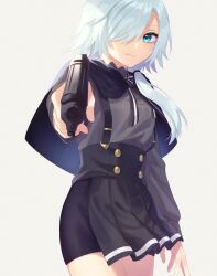 Rule 34 | 1girl, aiming, aiming at viewer, black capelet, black skirt, blue eyes, blue hair, breasts, capelet, closed mouth, cowboy shot, grey background, grey shirt, gun, hair over one eye, hair over shoulder, handgun, high-waist skirt, highres, holding, holding gun, holding weapon, light blue hair, long sleeves, looking at viewer, medium breasts, monika (spy kyoushitsu), pleated skirt, ponytail, shirt, simple background, skirt, smile, solo, spy kyoushitsu, suspender skirt, suspenders, weapon, yume (bp25mt)