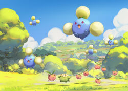 Rule 34 | :d, absurdres, bush, cloud, commentary request, creatures (company), day, evolutionary line, fish.boy, game freak, gen 2 pokemon, grass, happy, highres, hoppip, jumpluff, nintendo, open mouth, outdoors, pokemon, pokemon (creature), purple eyes, skiploom, sky, smile, yellow eyes