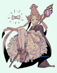 Rule 34 | 1girl, blonde hair, boots, bow, brown footwear, cape, commentary request, dress, frilled dress, frills, full body, gouu (yolnel517), grey cape, hair bow, highres, holding, holding staff, ininia (tongari boushi no atelier), knees up, long sleeves, looking at viewer, muted color, pink bow, pink eyes, pink headwear, pointy hat, simple background, solo, staff, tongari boushi no atelier, twitter username, white dress