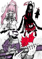 Rule 34 | 4girls, black gloves, black hair, black hat, black jacket, black necktie, black sailor collar, black serafuku, black shirt, black skirt, black wings, blood, blood halo, bloody weapon, blue archive, blush, coat, collared shirt, commentary request, crop top, cropped torso, double-parted bangs, feathered wings, feathers, fingerless gloves, fp6, garrison cap, gloves, gun, hair between eyes, hair ornament, hairclip, halo, haruka (blue archive), hasumi (blue archive), hat, highres, holding, holding gun, holding weapon, jacket, juliet sleeves, koyuki (blue archive), limited palette, liquid halo, long hair, long sleeves, looking at viewer, looking away, low wings, midriff, multiple girls, navel, neckerchief, necktie, night, open mouth, pink hair, plant, pleated skirt, potted plant, puffy sleeves, purple eyes, purple hair, red neckerchief, reloading, sailor collar, school uniform, serafuku, shirt, shotgun, sidelocks, simple background, skirt, solo, speech bubble, teeth, translation request, tsurugi (blue archive), twintails, undone neckerchief, very long hair, wavy mouth, weapon, white background, white coat, white jacket, white shirt, wings, zyugoya