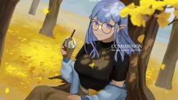 Rule 34 | 1girl, autumn leaves, black shirt, blue hair, blue sweater, breasts, brown skirt, commission, cup, e5nf8v, english text, glasses, hair behind ear, hand on own thigh, highres, holding, holding cup, indie virtual youtuber, looking at viewer, medium breasts, off shoulder, pointy ears, purple eyes, rae laveire, round eyewear, shirt, shirt tucked in, sitting, skeb commission, skirt, smile, solo, sweater, tree, virtual youtuber