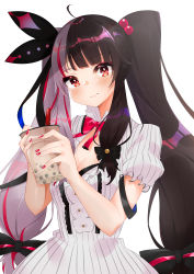 Rule 34 | 1girl, absurdres, aoi kurora, bad id, bad pixiv id, black hair, blush, breasts, bubble tea, cleavage, cleavage cutout, closed mouth, clothing cutout, commentary, cup, dress, drinking straw, highres, holding, holding cup, long hair, looking at viewer, medium breasts, multicolored hair, nail polish, nijisanji, puffy short sleeves, puffy sleeves, red eyes, red hair, red nails, short sleeves, silver hair, simple background, solo, split-color hair, streaked hair, striped clothes, striped dress, two-tone hair, upper body, vertical-striped clothes, vertical-striped dress, very long hair, virtual youtuber, white background, white dress, yorumi rena, yorumi rena (1st costume)