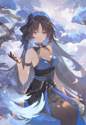 Rule 34 | 1girl, arm strap, arm support, bare shoulders, beret, black hair, blue dress, blue eyes, blue skirt, breasts, cleavage, closed mouth, dress, facial mark, forehead mark, gloves, half gloves, hat, highres, leaf, long hair, looking at viewer, single half glove, sitting, skirt, smile, solo, thighhighs, tree, wuthering waves, yangyang (wuthering waves), zhanzhan lan