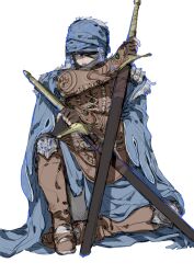 Rule 34 | armor, blue cape, cape, cloak, elden ring, highres, holding, holding sword, holding weapon, leather armor, nira (nira box), one eye closed, simple background, sitting, solo, sword, tagme, tarnished (elden ring), weapon, white background