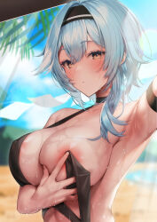 Rule 34 | 1girl, areola slip, armpits, bikini, black bikini, black choker, black hairband, blue hair, blush, breasts, brown hair, choker, cleavage, closed mouth, collarbone, covering privates, covering one breast, day, eula (genshin impact), exhibitionism, genshin impact, haiba 09, hairband, highres, large breasts, lens flare, long hair, looking at viewer, one breast out, outdoors, public indecency, solo, sweat, swimsuit, untied bikini, upper body