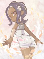Rule 34 | 1girl, arm warmers, ass, bare shoulders, bodysuit, closed mouth, coral, dark-skinned female, dark skin, fish, hizumi mob, long hair, looking back, nintendo, octoling, octoling girl, octoling player character, pantylines, pink eyes, purple hair, school of fish, single arm warmer, single bare arm, sleeveless, sleeveless bodysuit, solo, splatoon (series), splatoon 3, splatoon 3: side order, standing, suction cups, tentacle hair, white bodysuit
