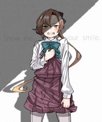 Rule 34 | 1girl, akigumo (kancolle), brown hair, chimaki., clenched teeth, commentary request, cowboy shot, crying, crying with eyes open, english text, green eyes, grey pantyhose, hair ribbon, highres, kantai collection, long hair, long sleeves, looking at viewer, pantyhose, pleated skirt, ponytail, ribbon, school uniform, shirt, skirt, solo, tears, teeth, white shirt