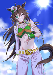 Rule 34 | 1girl, absurdres, ahoge, animal ears, aqua eyes, blue sky, cloud, commentary request, cowboy shot, crop top, cropped jacket, day, green shirt, grin, hat, highres, horse ears, jacket, long hair, long sleeves, looking at viewer, midriff, mini hat, mini top hat, mr. c.b. (umamusume), navel, one eye closed, open clothes, open jacket, pants, shirt, single bare shoulder, single sleeve, sky, smile, solo, standing, stomach, strapless, strapless shirt, sun, tail, top hat, toshima (toshima325), umamusume, very long hair, white hat, white jacket, white pants