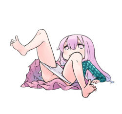 Rule 34 | 1girl, barefoot, bow, censored, convenient censoring, expressionless, feet, full body, hata no kokoro, long hair, long sleeves, lying, mask, nakashino setsu, on back, open mouth, panties, panty pull, pink eyes, pink hair, plaid, plaid shirt, shirt, simple background, skirt, soles, solo, spread legs, touhou, underwear, very long hair, white background, wide sleeves