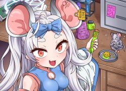 Rule 34 | 1girl, :d, animal ears, blue archive, bow, breasts, cheese, chinese clothes, cleavage, cleavage cutout, clothing cutout, commentary request, devil yanghyeok, ear tag, flask, food, forehead, from below, grey hair, hair bow, hair ribbon, halo, highres, holding, holding flask, long hair, long sleeves, looking at viewer, looking up, medium breasts, mouse (animal), mouse ears, mouse girl, nezusuke (blue archive), open mouth, paper, parted bangs, red eyes, ribbon, saya (blue archive), sidelocks, sleeveless, sleeves past fingers, sleeves past wrists, smile, table, wide sleeves