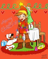 Rule 34 | 1girl, 2boys, box, brown hair, chair, christmas, christmas tree, closed eyes, elf, gift, gift box, grin, hat, highres, link, merry christmas, multiple boys, nintendo, open mouth, pointy ears, smile, standing, the legend of zelda, tunic, zelda ii: the adventure of link