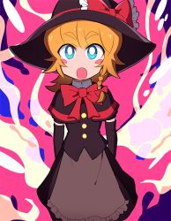 Rule 34 | 1girl, :o, black capelet, black gloves, black shirt, black skirt, blue eyes, blush stickers, bow, braid, bright pupils, capelet, commentary request, cookie (touhou), elbow gloves, feet out of frame, frilled bow, frills, gloves, hair bow, hat, hat bow, kirisame marisa, looking at viewer, medium hair, meguru (cookie), open mouth, red bow, shirt, single braid, skirt, solo, tdnbk, touhou, white pupils