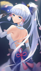 Rule 34 | 1girl, absurdres, ayaka (genshin impact), backless dress, backless outfit, blue bow, blue eyes, blunt bangs, bow, breasts, cherry blossoms, closed mouth, detached collar, dress, elbow gloves, from behind, genshin impact, gloves, hair bow, hand fan, high ponytail, highres, holding, holding fan, long hair, looking at viewer, looking back, mole, mole under eye, shoulder blades, sideboob, small breasts, solo, standing, user tpmv3555, very long hair, white dress, white gloves, white hair