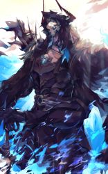 Rule 34 | 1boy, armor, backlighting, belt, black sclera, blue eyes, blue fire, breastplate, chikichi, colored sclera, fate/grand order, fate (series), fire, gauntlets, glowing, glowing eyes, highres, hood, horns, king hassan (fate), light rays, male focus, own hands together, planted, shoulder armor, shoulder spikes, skull, solo, spikes, standing, sword, weapon