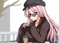 Rule 34 | 1girl, alternate costume, black hat, breasts, brown sweater, coffee, cup, disposable cup, hat, kantai collection, large breasts, long hair, long sleeves, looking at viewer, luigi di savoia duca degli abruzzi (kancolle), one-hour drawing challenge, pink hair, purple eyes, solo, suke (share koube), sunglasses, sweater, twitter username, very long hair