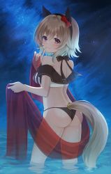 Rule 34 | 1girl, absurdres, adapted costume, ass, bare shoulders, bikini, black bikini, blush, bow, breasts, brown hair, closed mouth, commentary request, curren chan (umamusume), ear bow, etesumsom, finger to mouth, from behind, hagoromo, hair between eyes, hand up, highres, horse girl, looking at viewer, looking back, medium breasts, mismatched bikini, night, night sky, outdoors, purple eyes, red bow, see-through, shawl, shushing, sky, smile, solo, standing, star (sky), starry sky, striped bikini, striped clothes, swimsuit, umamusume, vertical-striped bikini, vertical-striped clothes, water, wet, white bikini