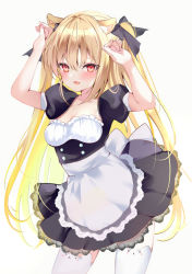 Rule 34 | 1girl, :d, animal ear fluff, animal ear legwear, animal ears, apron, arms up, black bow, black dress, blonde hair, blush, bow, breasts, cat ear legwear, cat ears, cleavage, collarbone, commentary request, dress, fang, grey background, hair bow, long hair, looking at viewer, maid, medium breasts, open mouth, original, pleated dress, pon (ponidrop), puffy short sleeves, puffy sleeves, red eyes, resolution mismatch, short sleeves, simple background, smile, solo, source larger, thighhighs, two side up, very long hair, white apron, white thighhighs